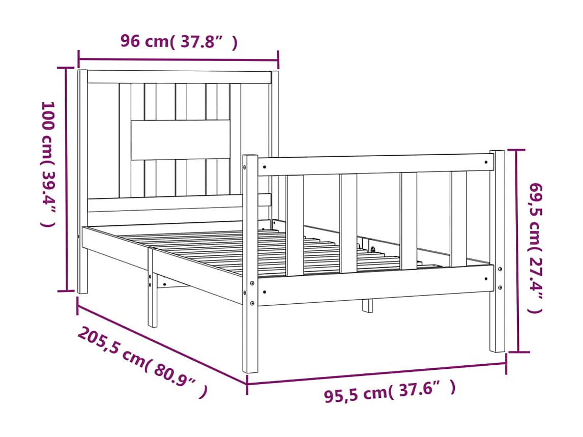 Estructura de cama sin colchón madera maciza de pino 90x200 cm