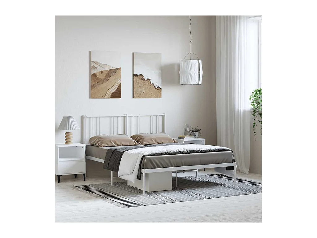 Cadre de lit métal sans matelas et tête de lit blanc 135x190 cm