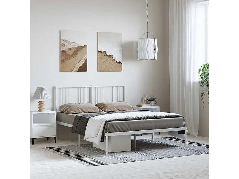Cadre de lit métal sans matelas et tête de lit blanc 135x190 cm