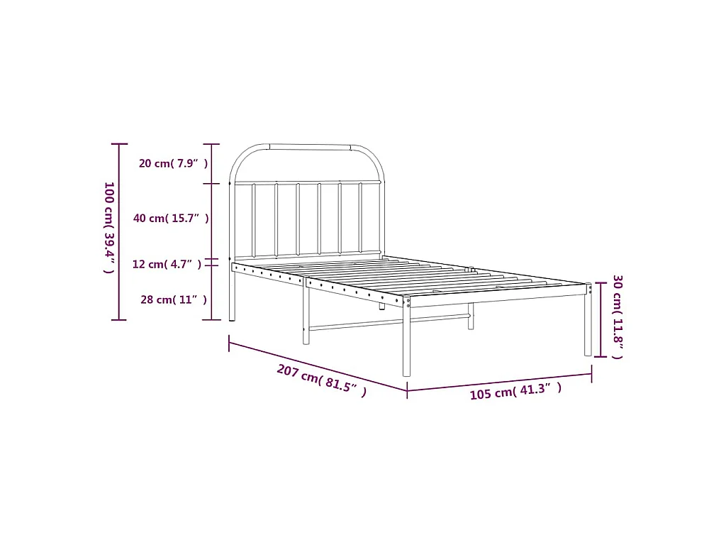 Cadre de lit métal sans matelas avec tête de lit noir 100x200cm