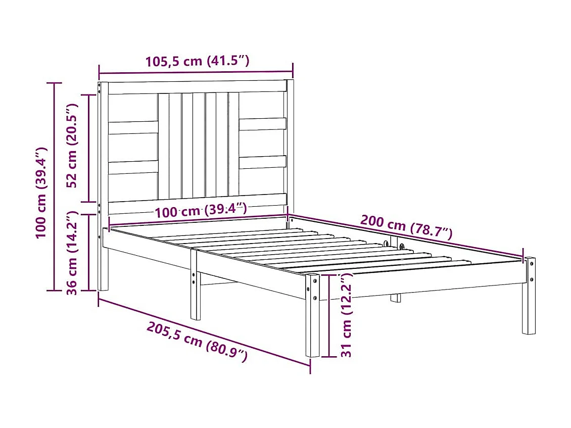 Cadre de lit sans matelas noir 100x200 cm bois massif