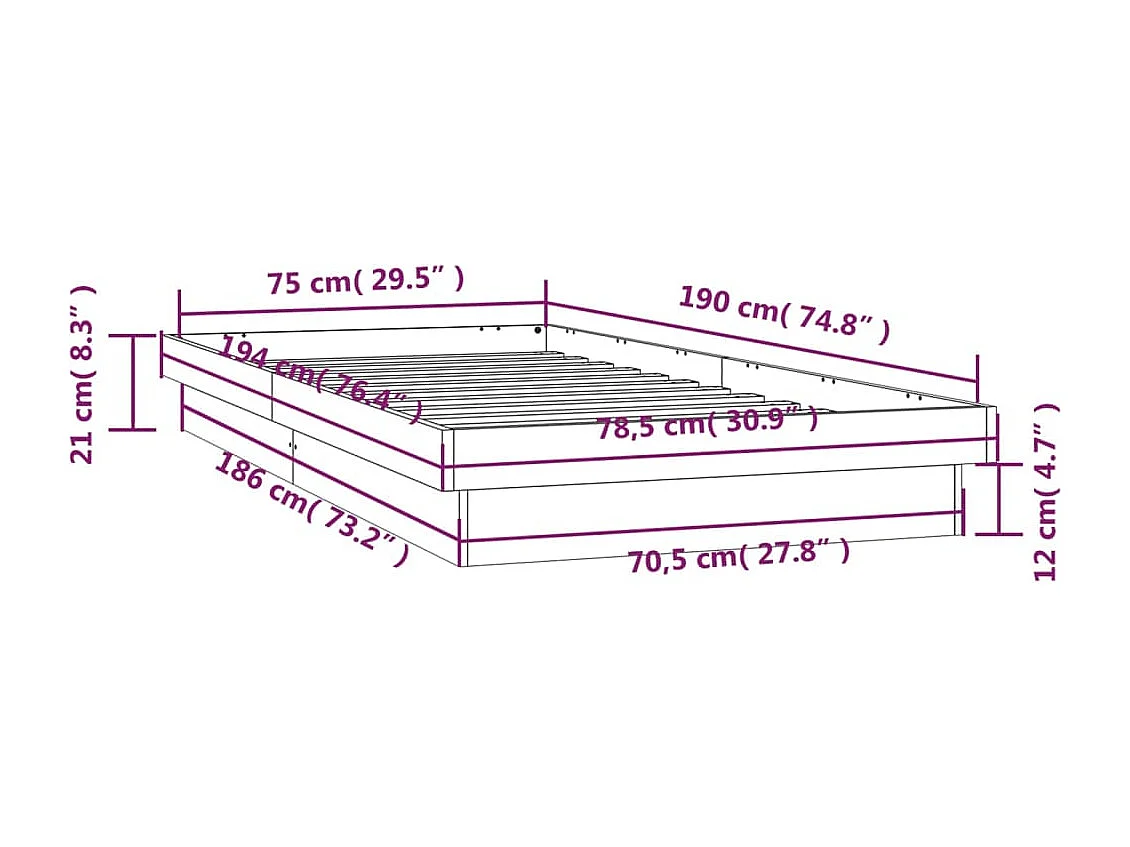 Bedframe LED massief hout 75x190 cm