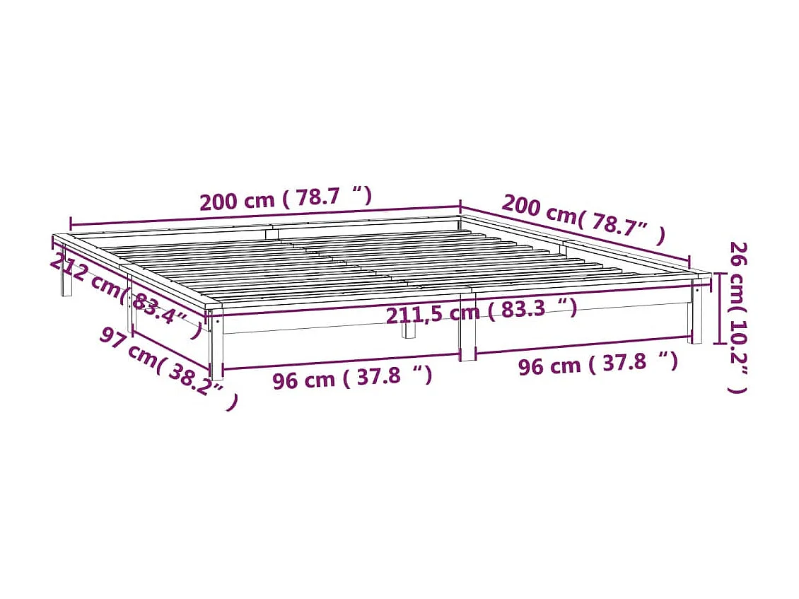 Cadre de lit à LED sans matelas noir 200x200 cm bois massif