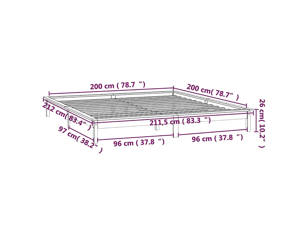 Bedframe LED massief hout zwart 200x200 cm