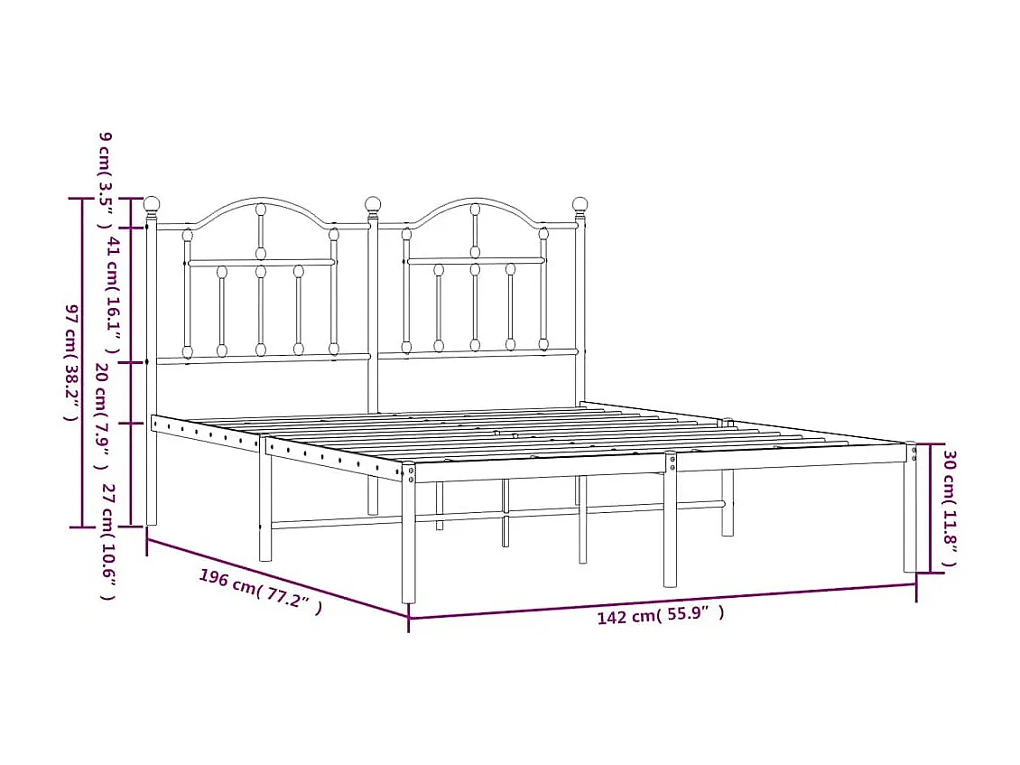 Bedframe met hoofdbord metaal zwart 135x190 cm