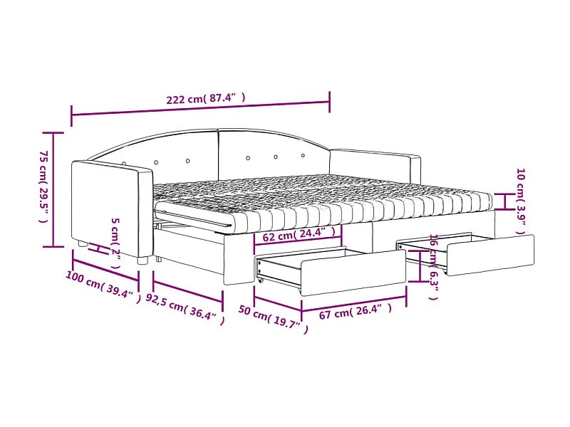 Slaapbank met onderschuifbed en lades 90x200 cm fluweel geel