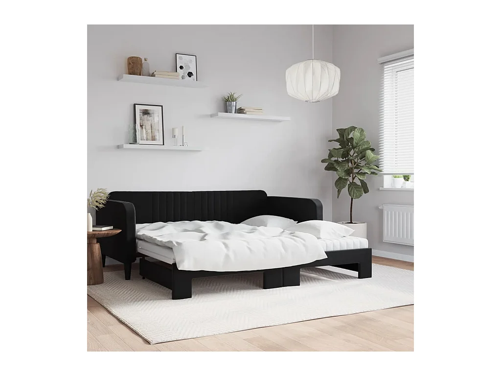Lit de jour avec gigogne et matelas noir 90x190 cm velours