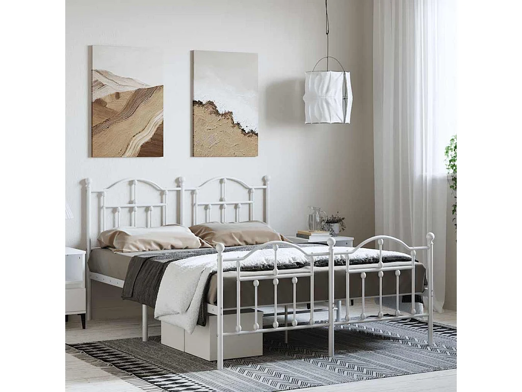 Cadre de lit métal sans matelas et pied de lit blanc 150x200 cm