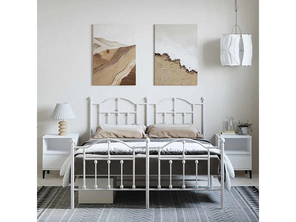 Cadre de lit métal sans matelas et pied de lit blanc 150x200 cm