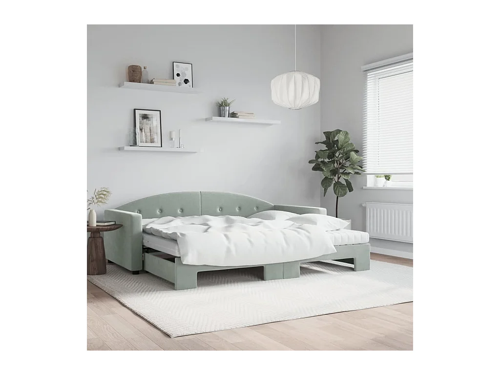 Lit de jour avec gigogne et matelas gris clair 90x190cm velours