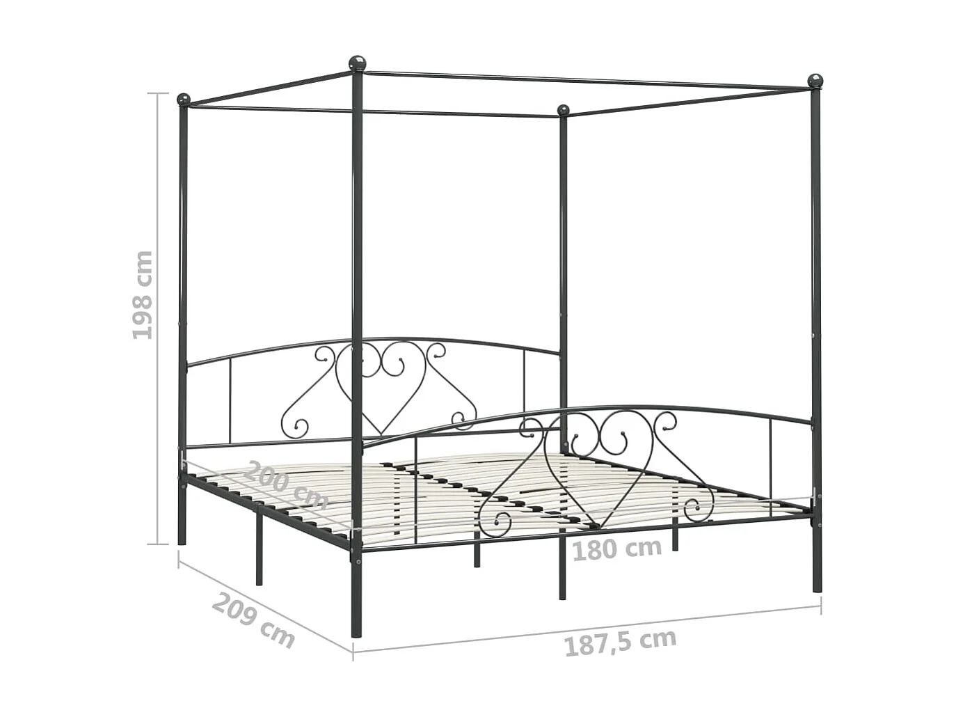 Cadre de lit à baldaquin sans matelas gris métal 180x200 cm
