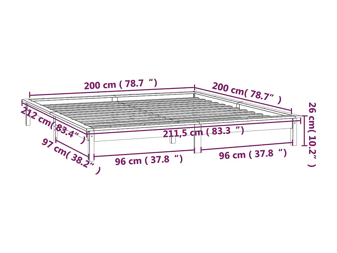 Massivholzbett mit LED-Beleuchtung Weiß 200x200 cm
