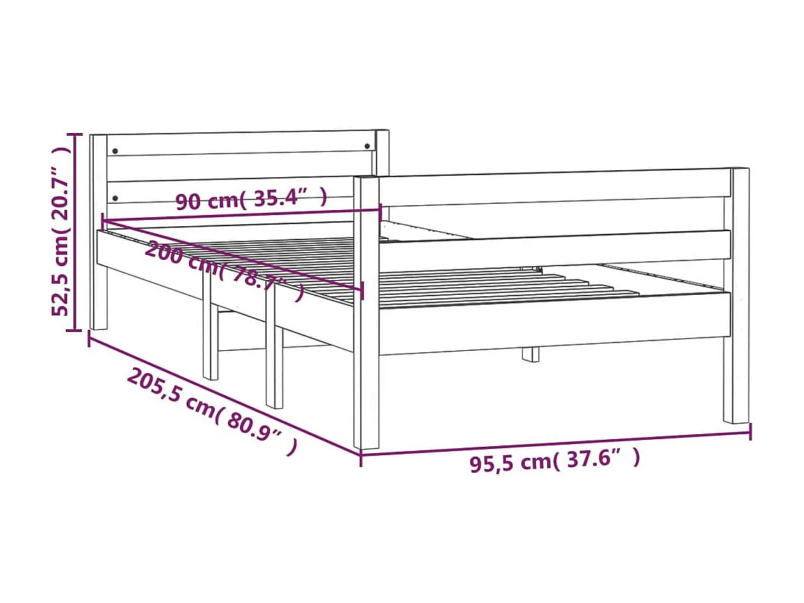 Cadre de lit sans matelas gris 90x200 cm bois de pin massif