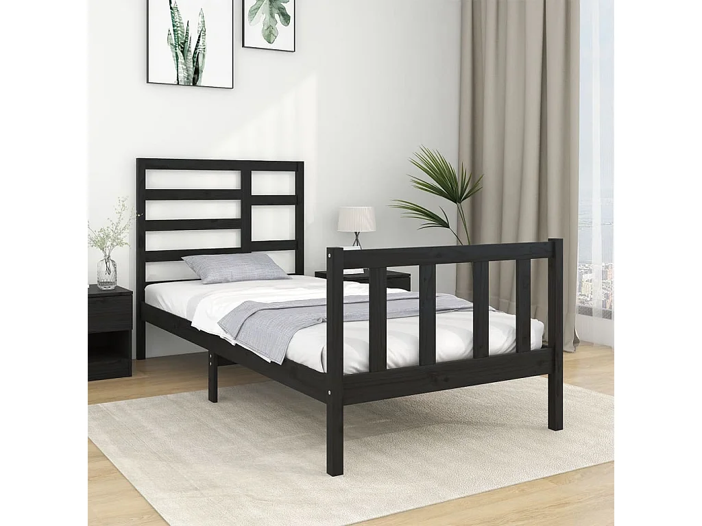 Estructura de cama individual madera maciza negra 90x190 cm