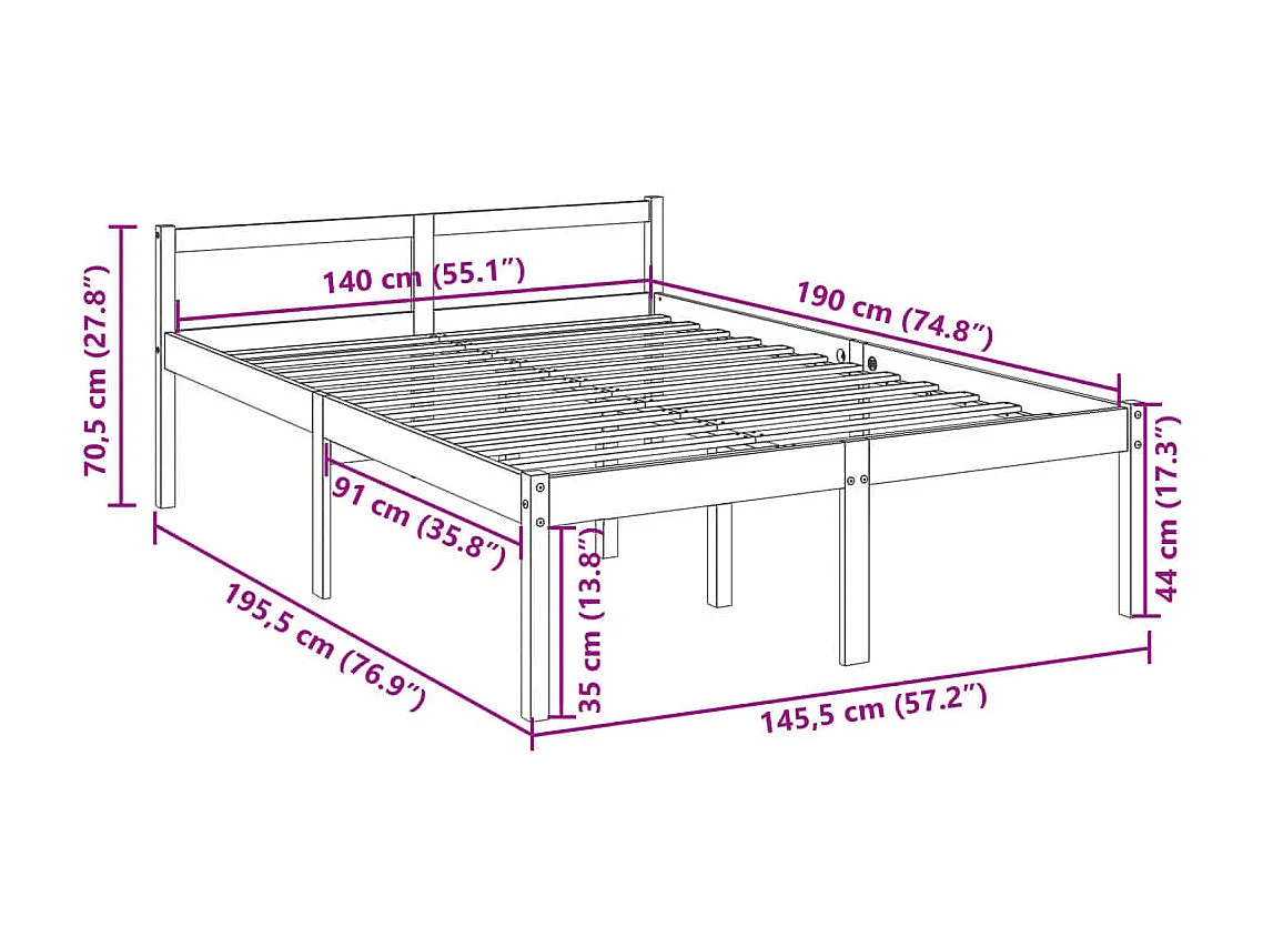 Lit pour personne âgée sans matelas 140x190 cm bois pin massif
