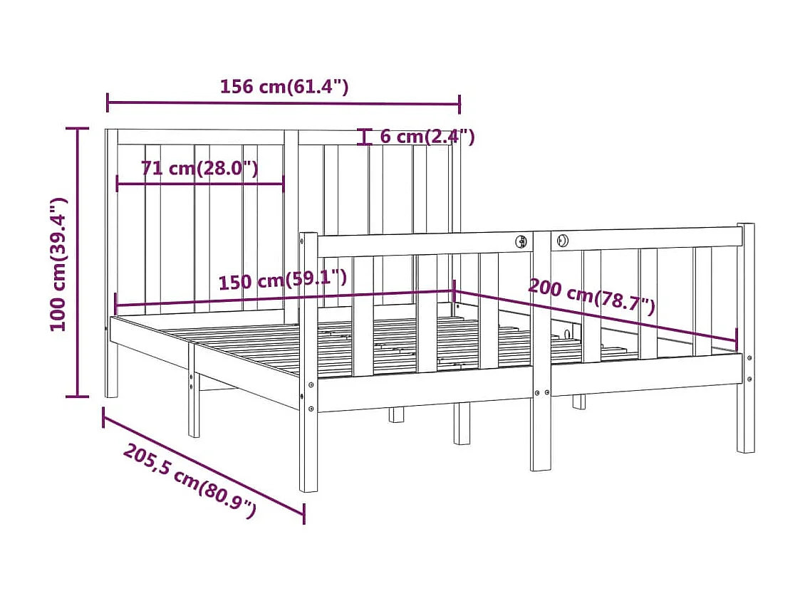 Cadre de lit sans matelas gris 150x200 cm bois massif