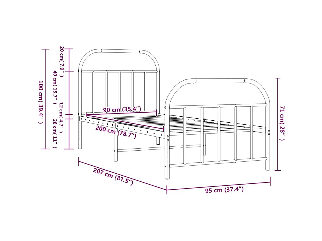 Cadre de lit métal sans matelas avec pied de lit noir 90x200 cm