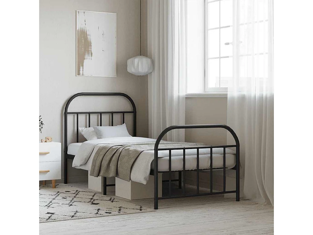 Cadre de lit métal sans matelas avec pied de lit noir 90x200 cm