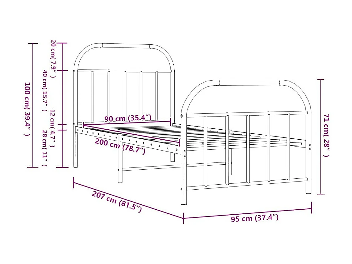 Cadre de lit métal sans matelas avec pied de lit noir 90x200 cm