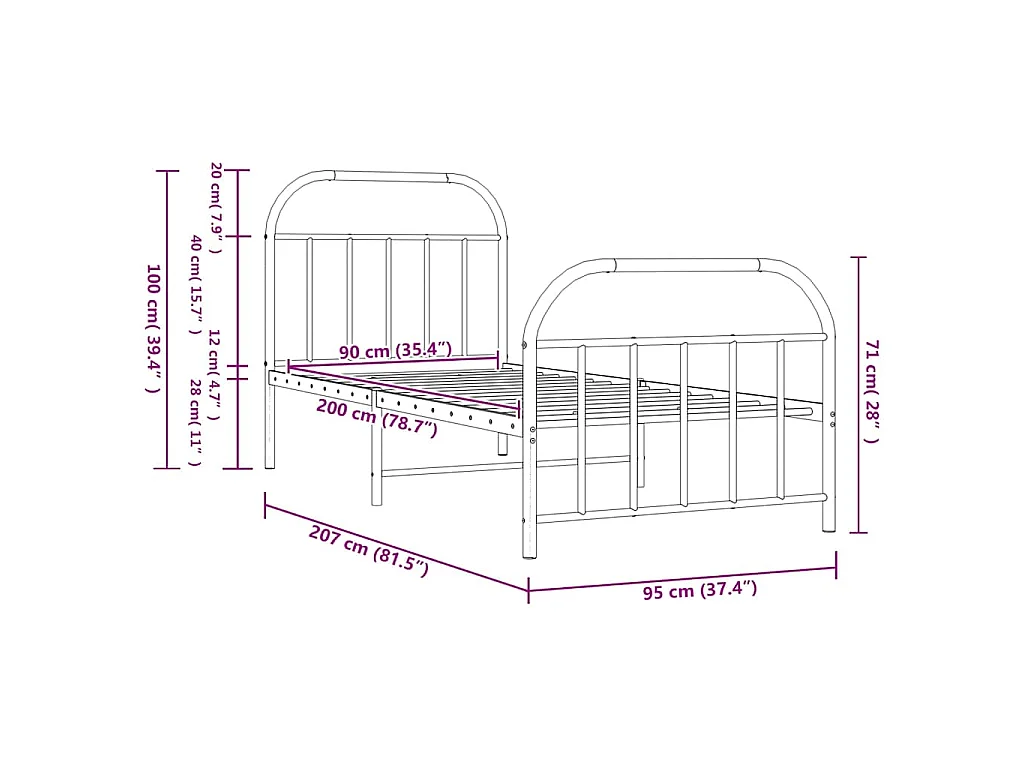 Cadre de lit métal sans matelas avec pied de lit noir 90x200 cm