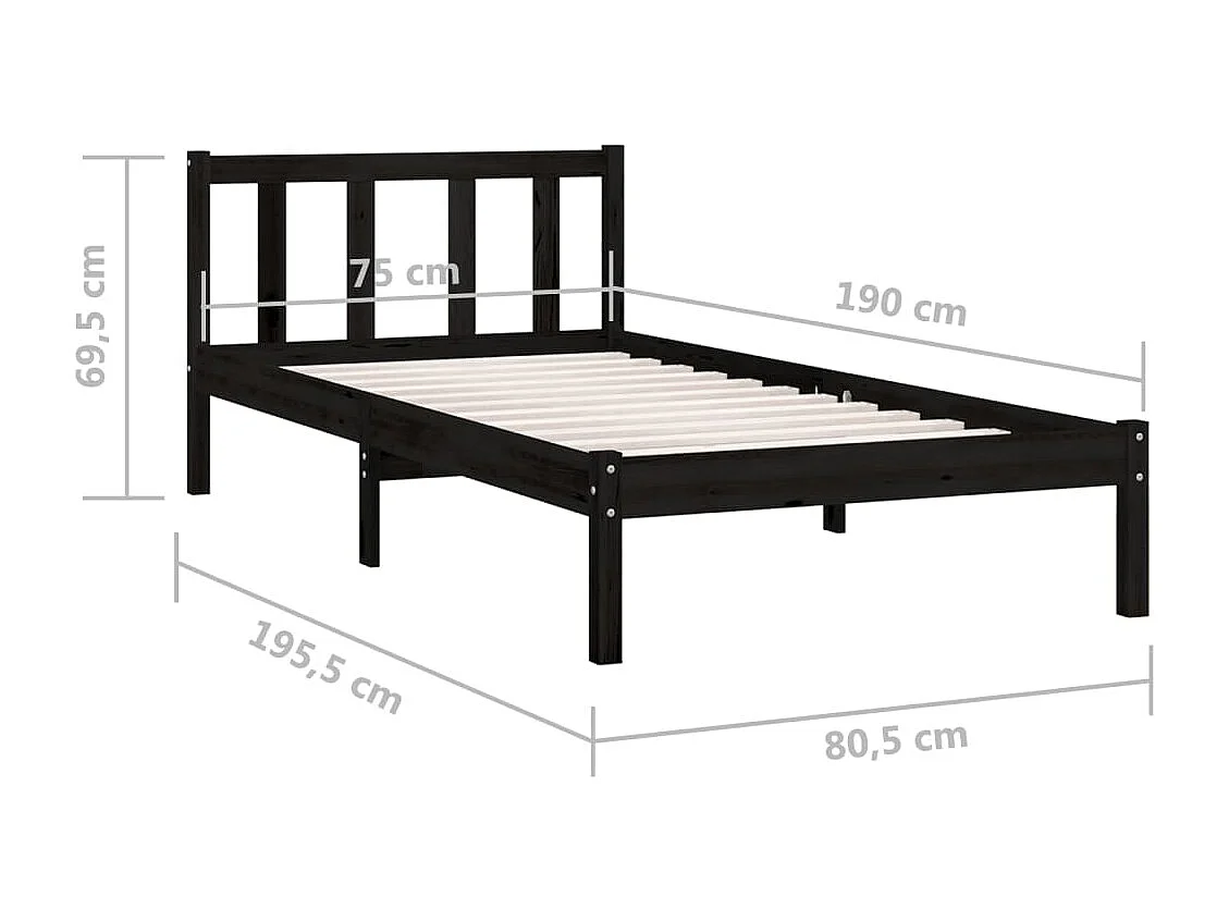 Bedframe massief grenenhout zwart 75x190 cm