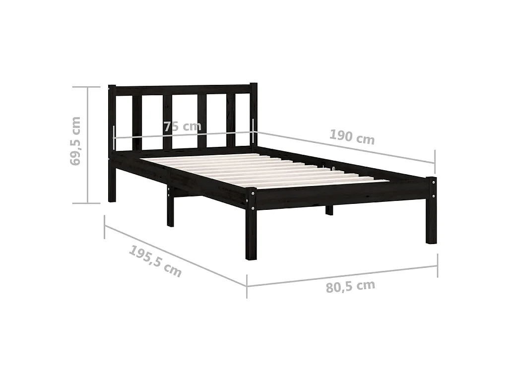 Bedframe massief grenenhout zwart 75x190 cm
