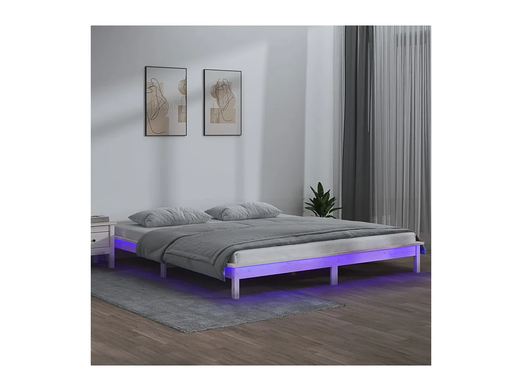 Cadre de lit à LED sans matelas blanc 135x190 cm bois massif