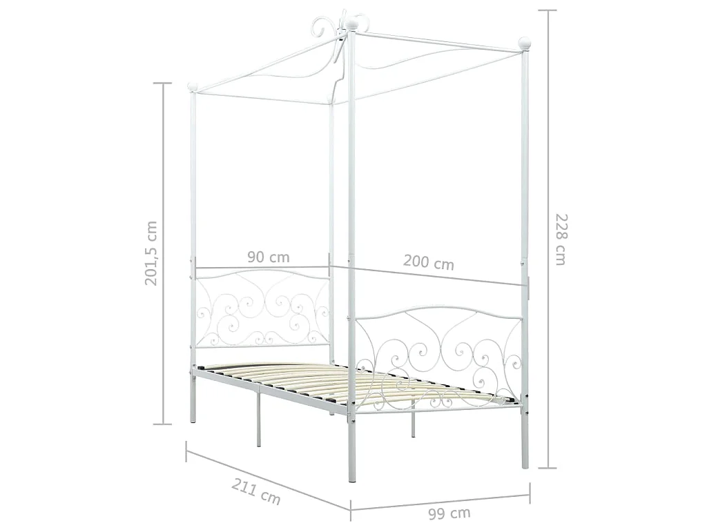Cadre de lit à baldaquin sans matelas blanc métal 90x200 cm
