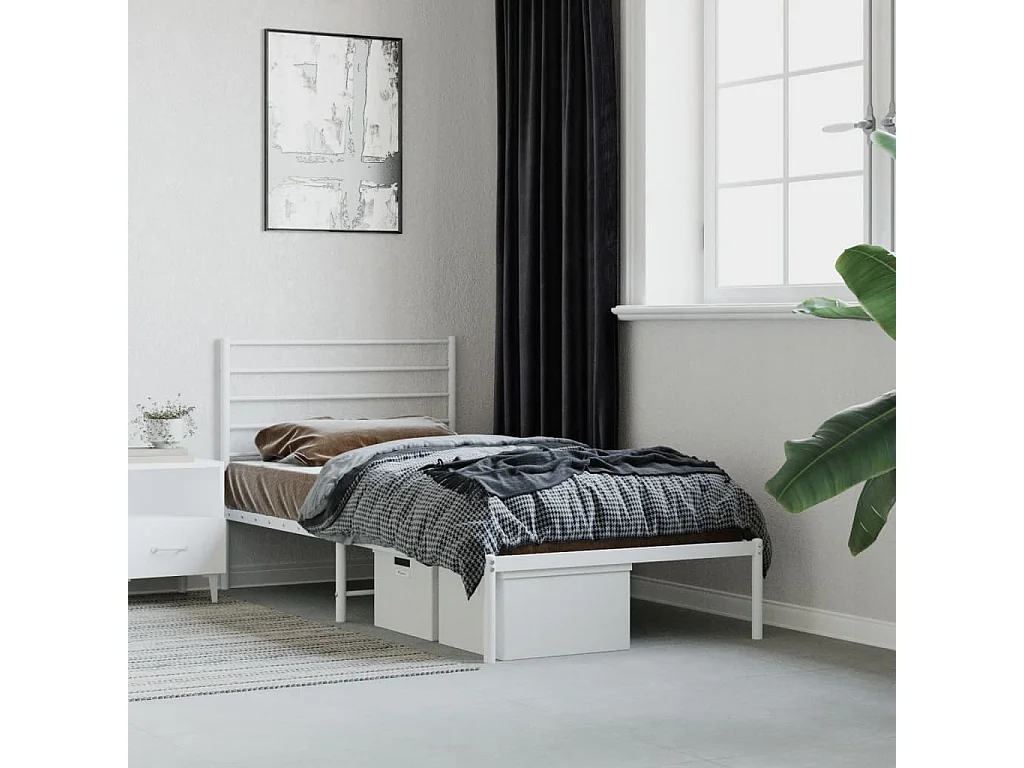 Cadre de lit métal sans matelas et tête de lit blanc 107x203 cm