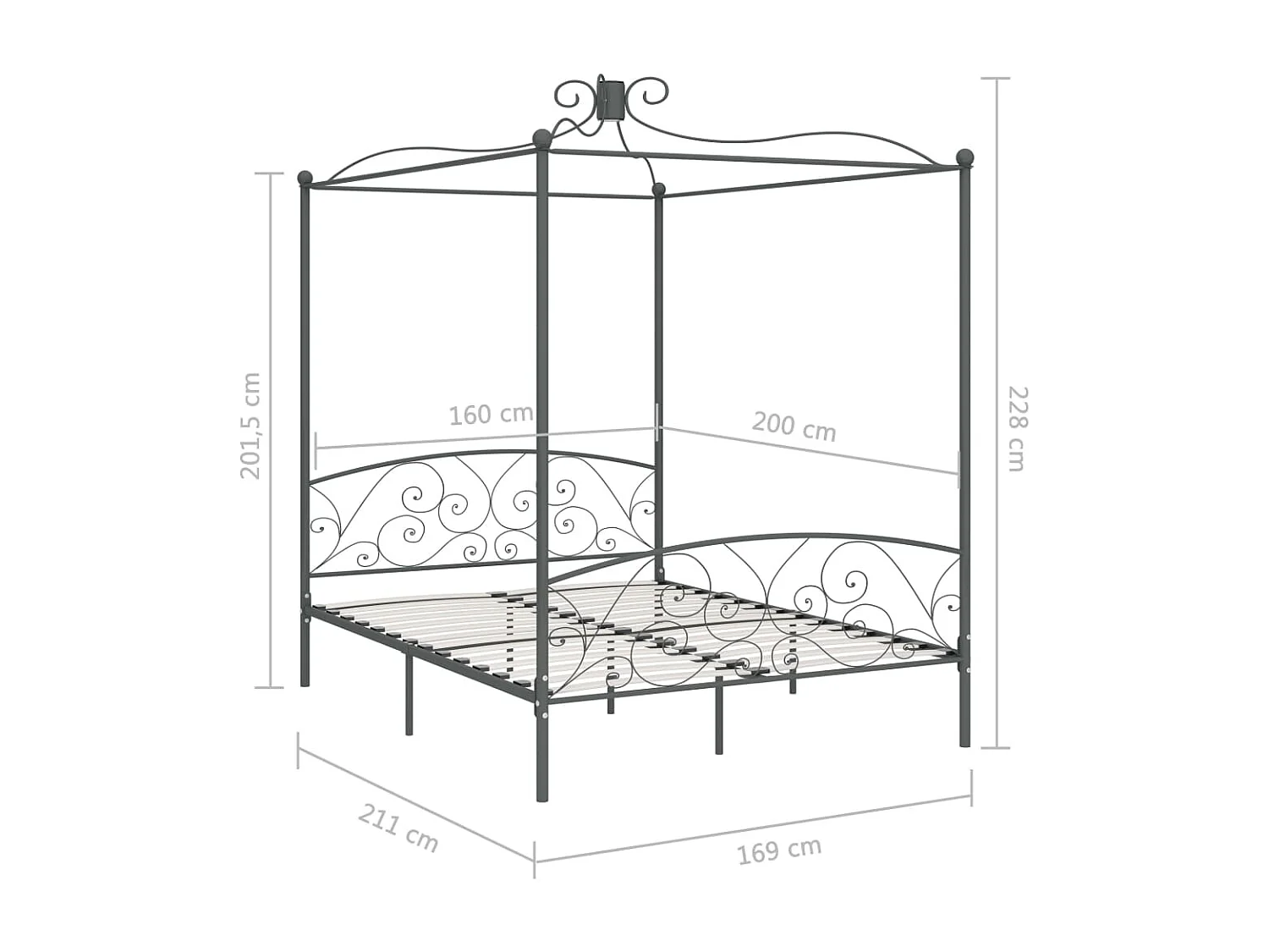 Letto a Baldacchino Grigio in Metallo 160x200 cm