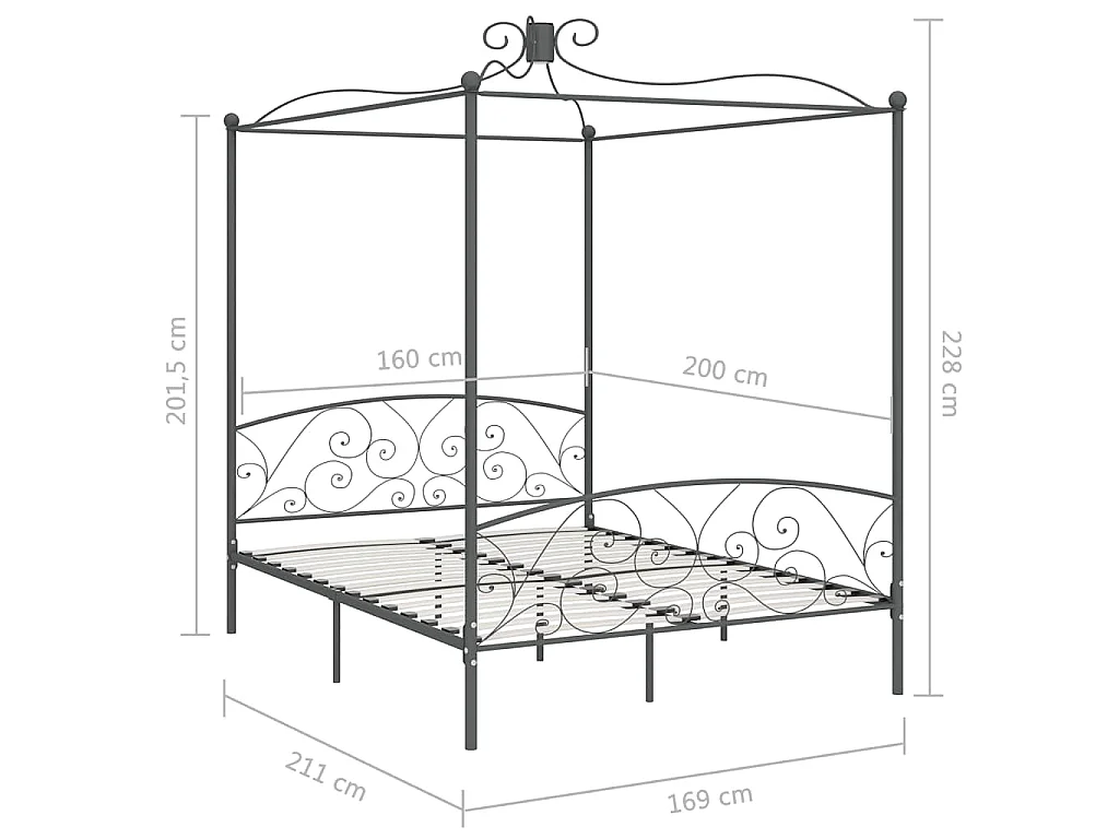 Cadre de lit à baldaquin sans matelas gris métal 160x200 cm