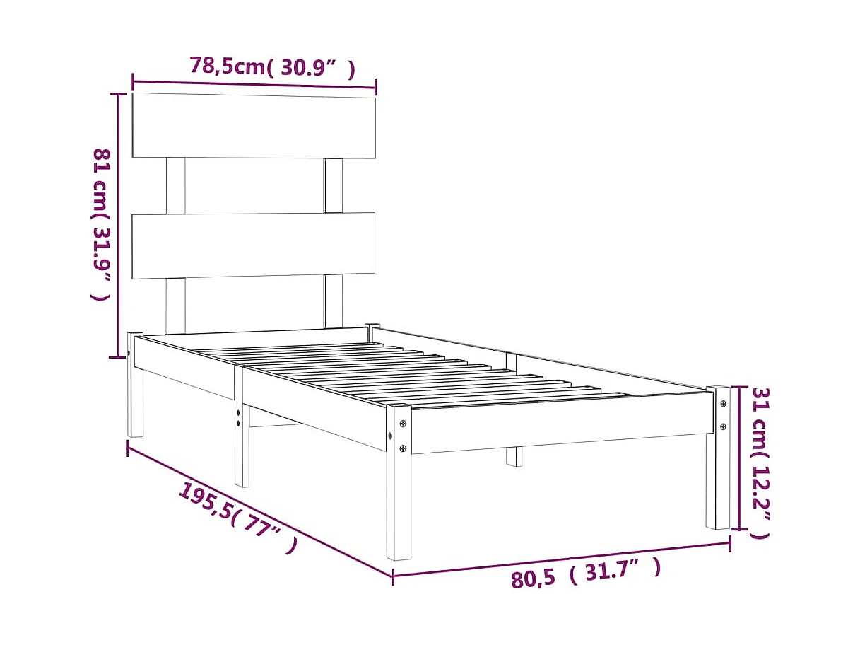 Cadre de lit sans matelas noir 75x190 cm bois massif