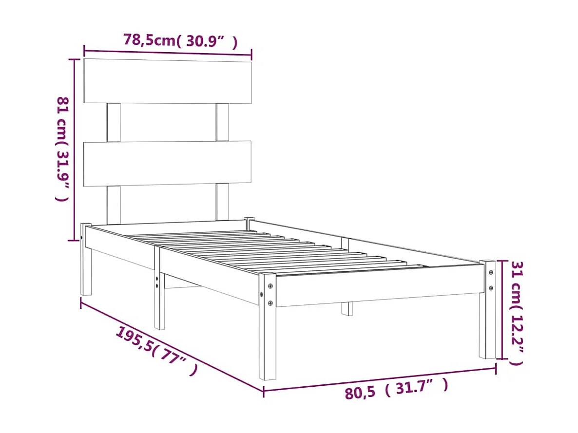 Cadre de lit sans matelas noir 75x190 cm bois massif