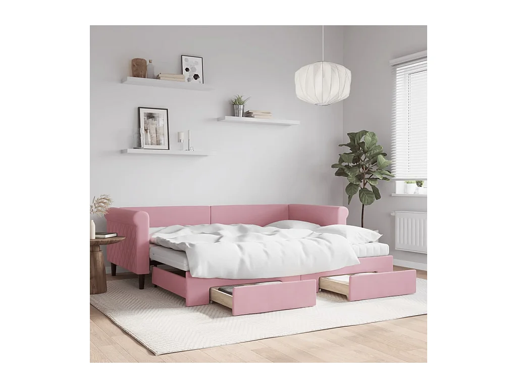 Divano Letto Estraibile con Cassetti Rosa 90x200 cm Velluto