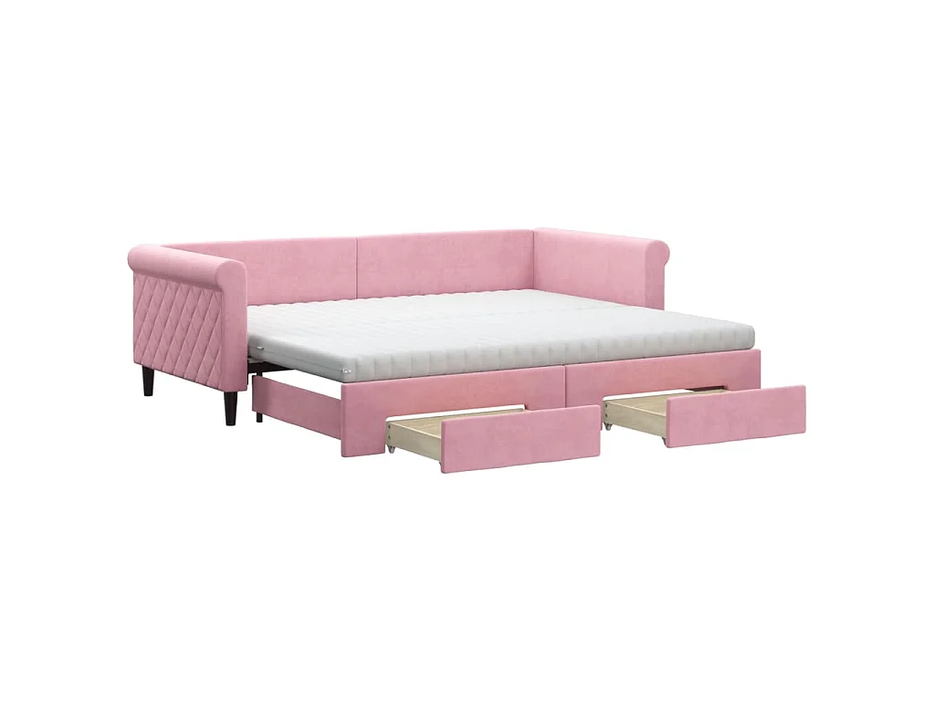 Lit de jour avec gigogne et tiroirs rose 90x200 cm velours