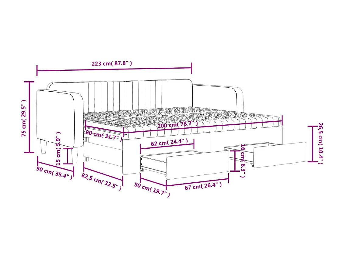 Sofá-cama com gavetão e gavetas 80x200 cm veludo amarelo