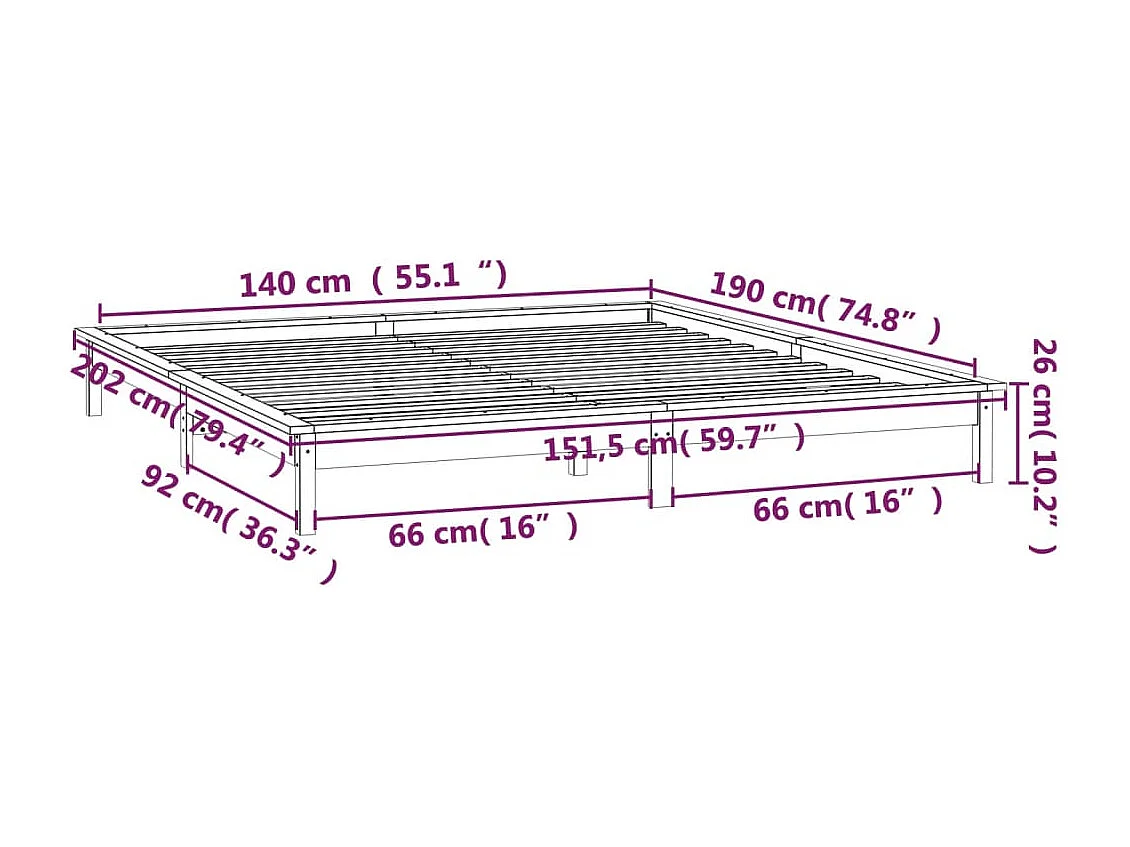 Cadre de lit à LED sans matelas noir 140x190 cm bois massif