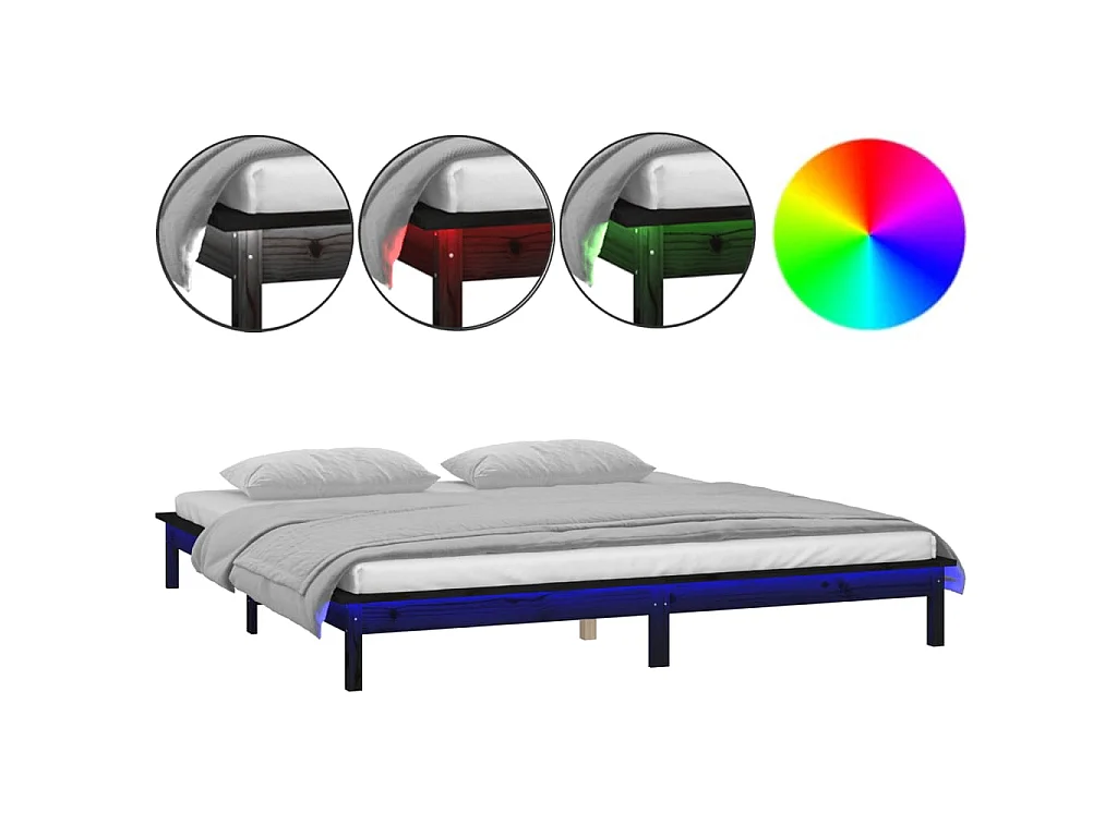 Cadre de lit à LED sans matelas noir 140x190 cm bois massif