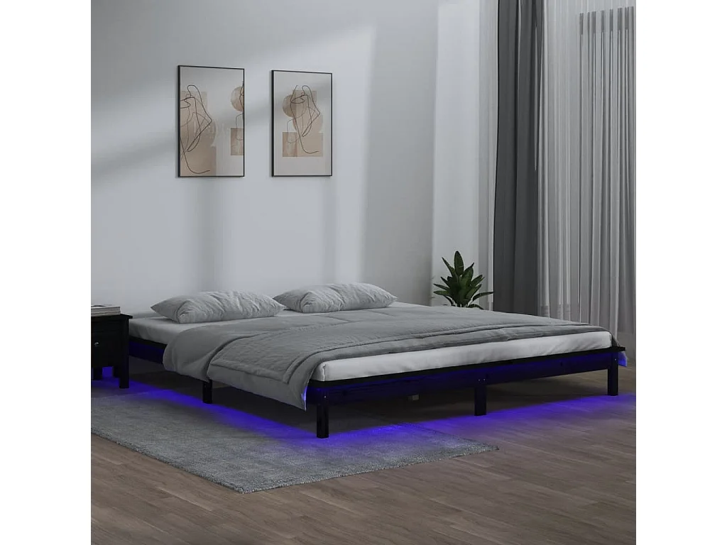 Cadre de lit à LED sans matelas noir 140x190 cm bois massif