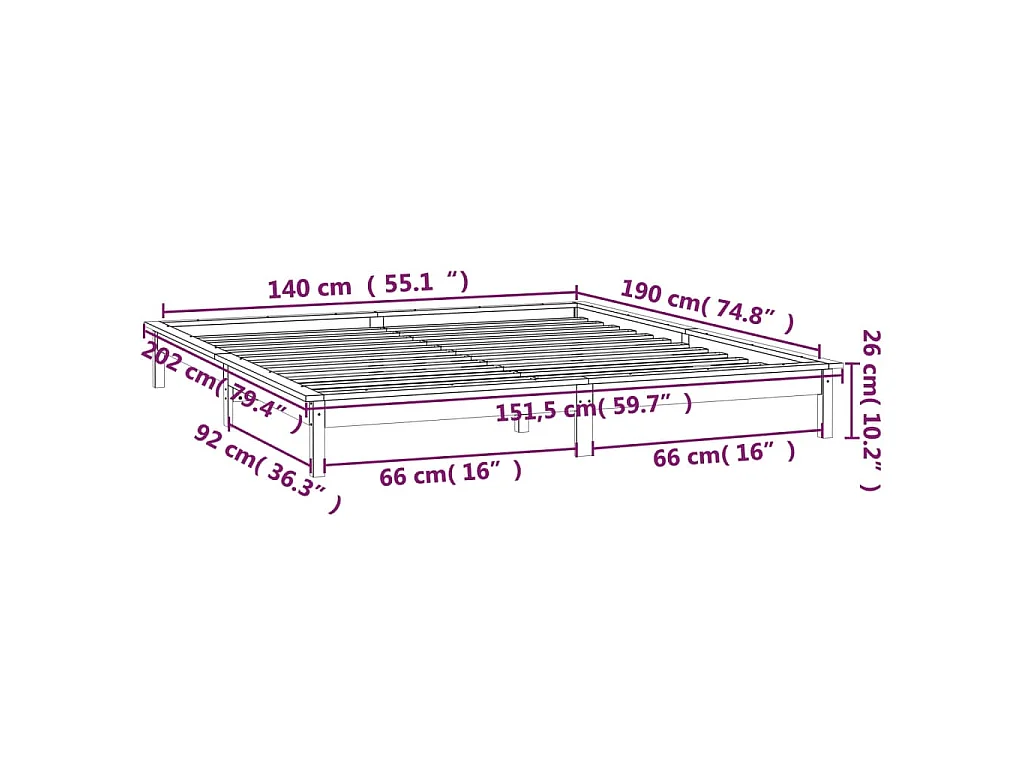 Cadre de lit à LED sans matelas noir 140x190 cm bois massif