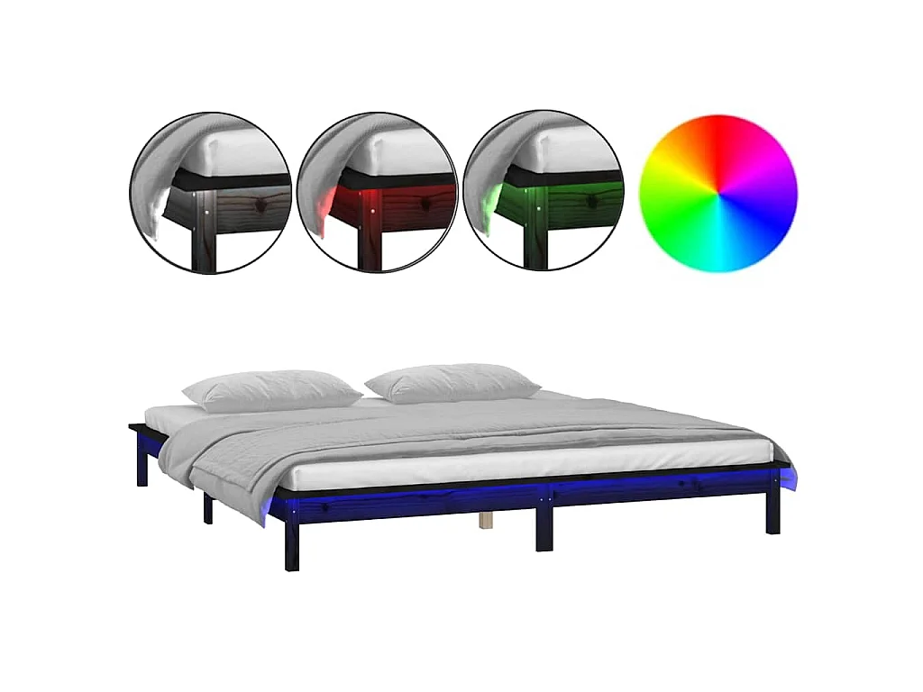 Massivholzbett mit LEDs Schwarz 140x190 cm