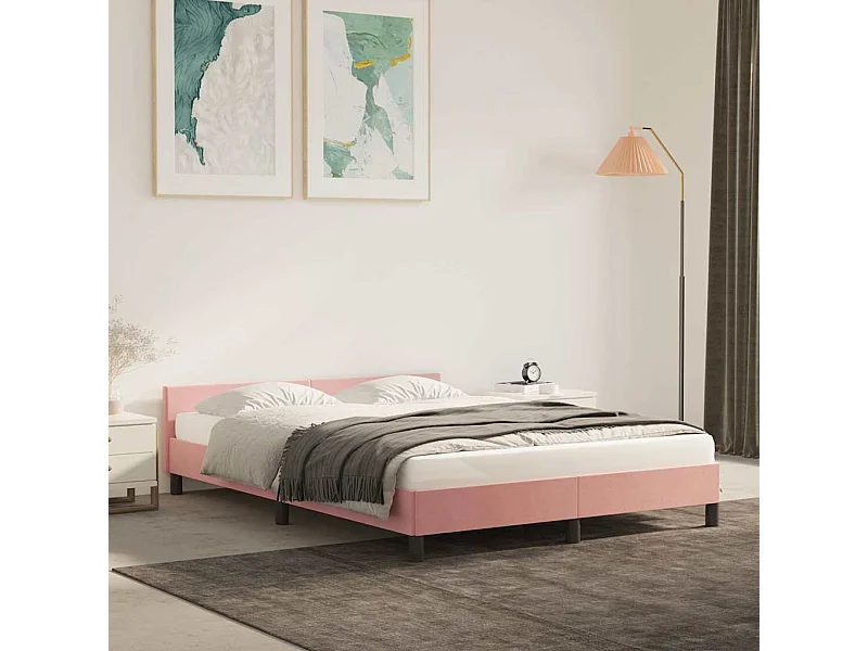 Cadre de lit et tête de lit sans matelas rose 140x190cm velours