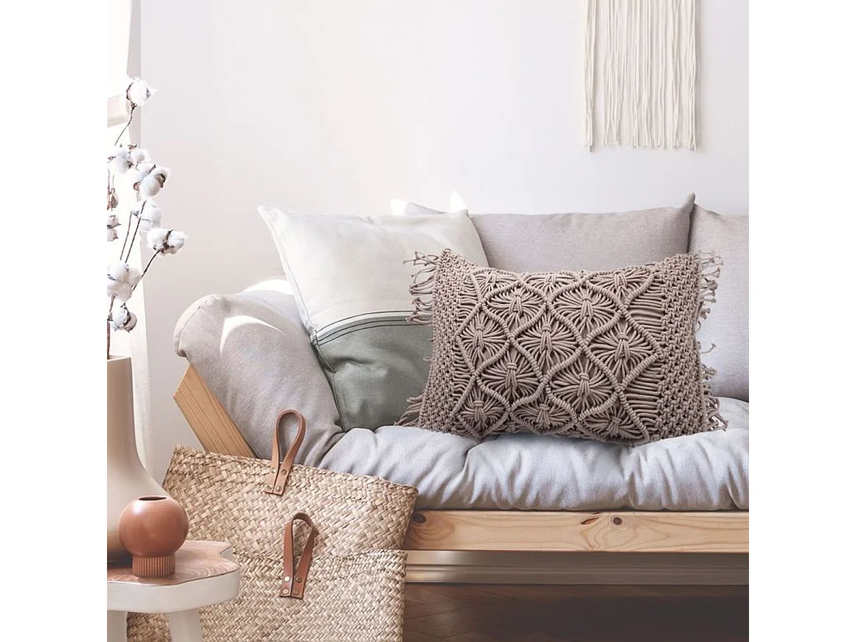 MACRAME - Coussin macramé en coton tressé violet clair 30x50