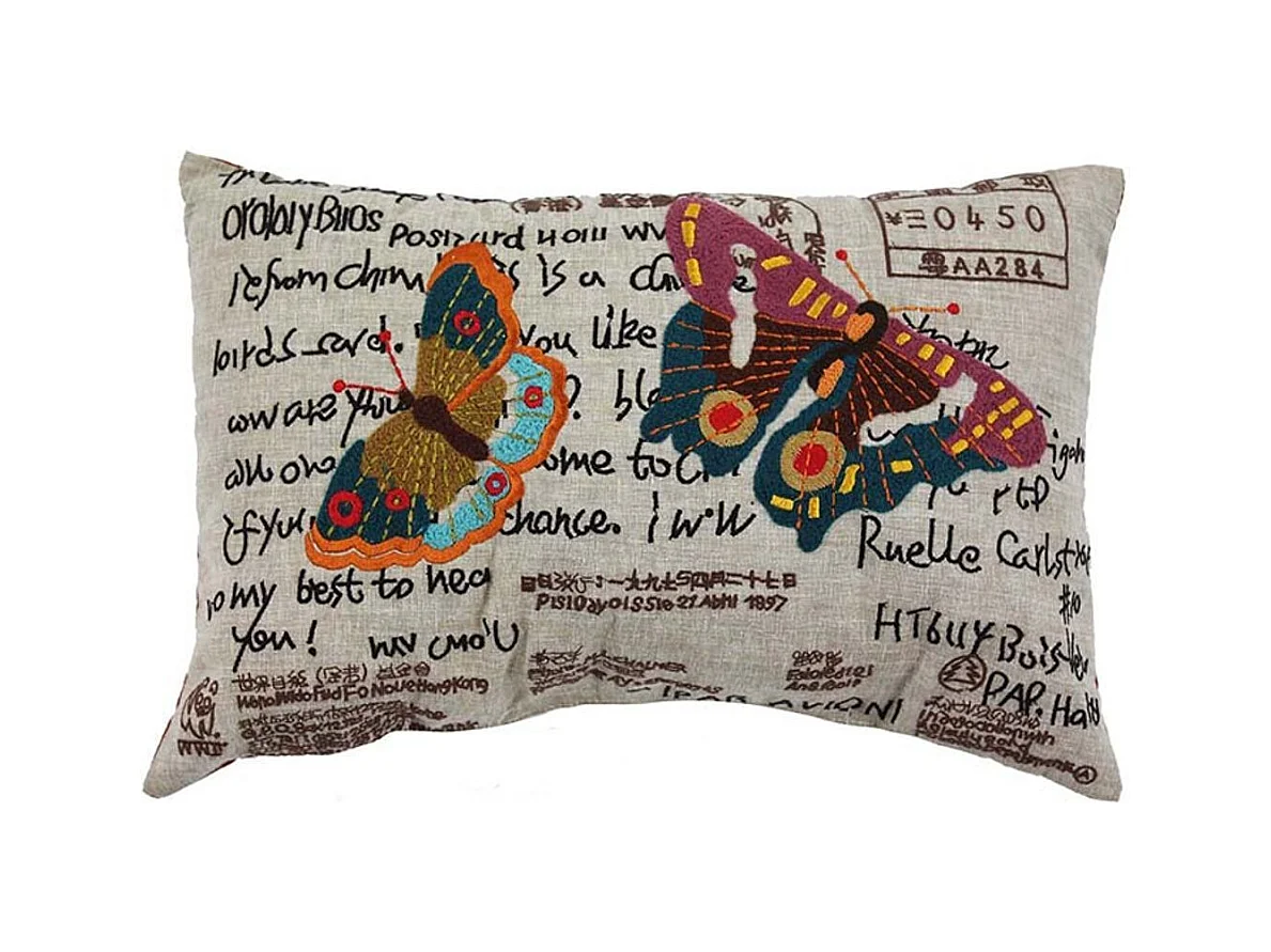 BUTTERFLY - Coussin en lin papillons esprit vintage multi 30x45