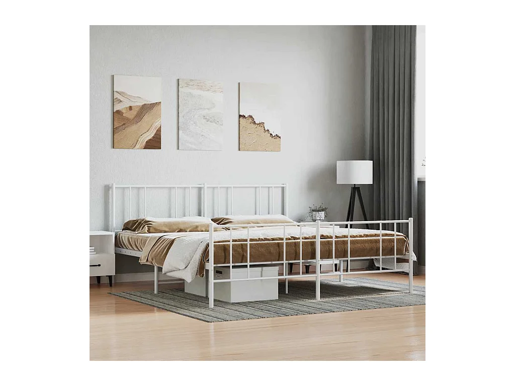 Cadre de lit métal sans matelas et pied de lit blanc 183x213 cm