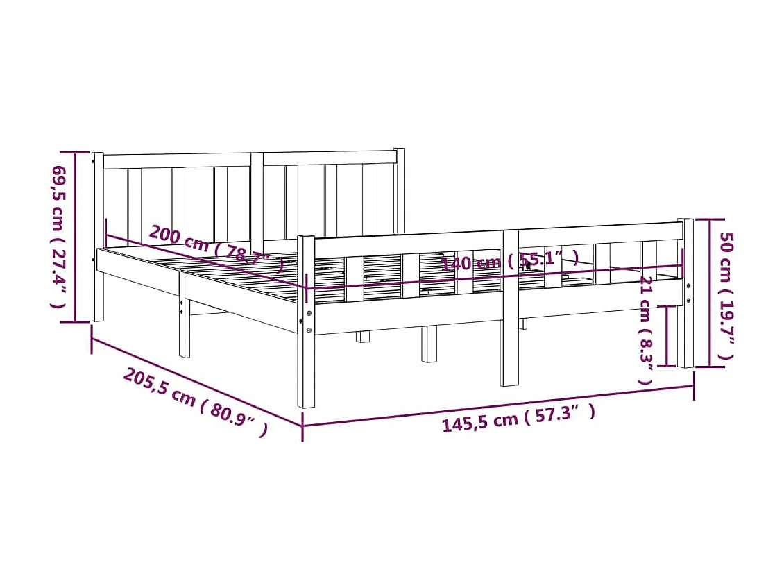 Estrutura de cama 140x200 cm madeira maciça cinzento