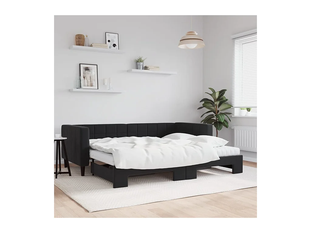 Lit de jour avec gigogne et matelas noir 90x200 cm velours