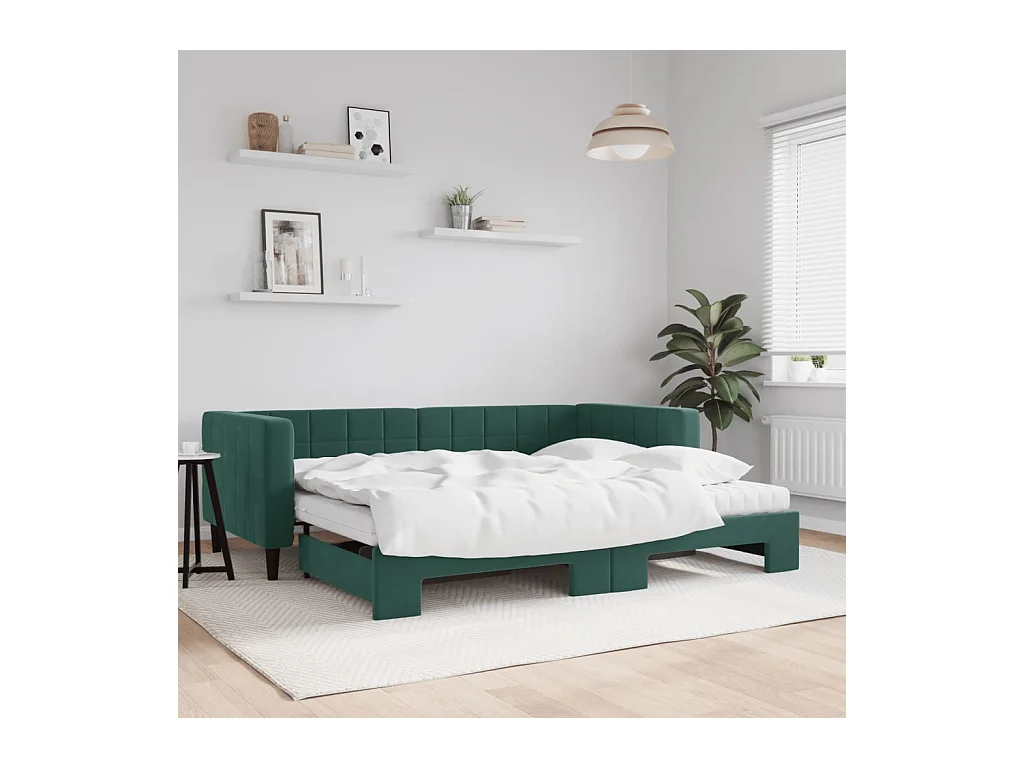 Slaapbank onderschuifbed matrassen 90x200cm fluweel donkergroen