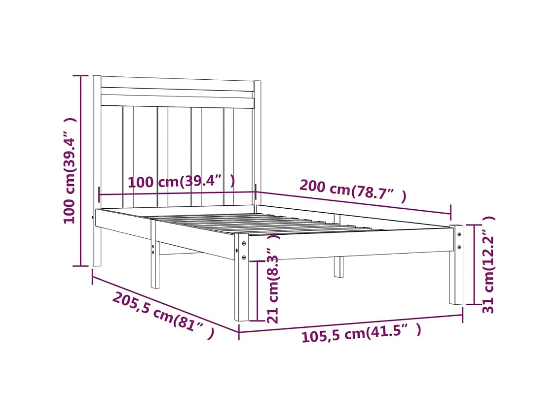 Bedframe massief hout honingbruin 100x200 cm