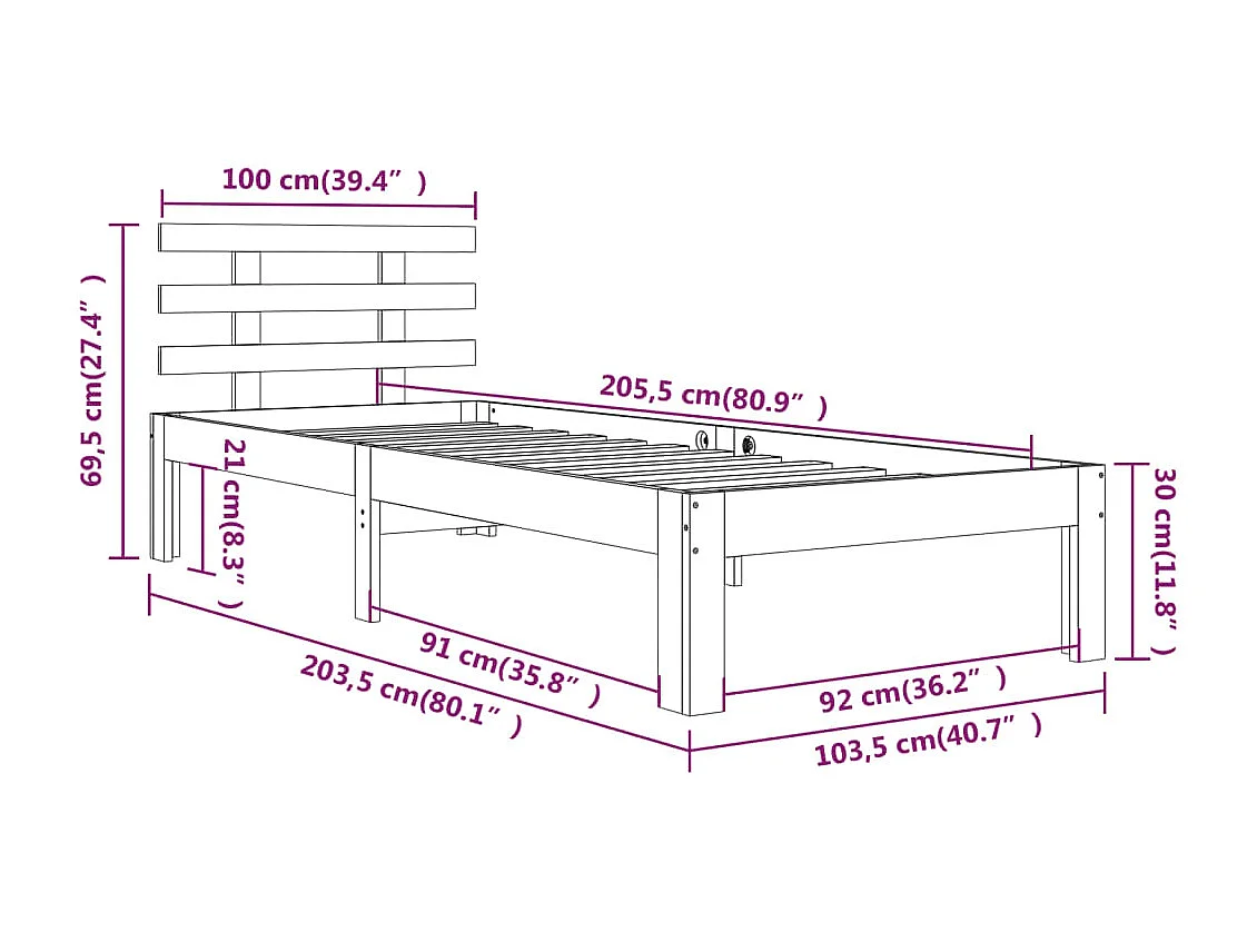 Estrutura de cama 100x200 cm madeira maciça